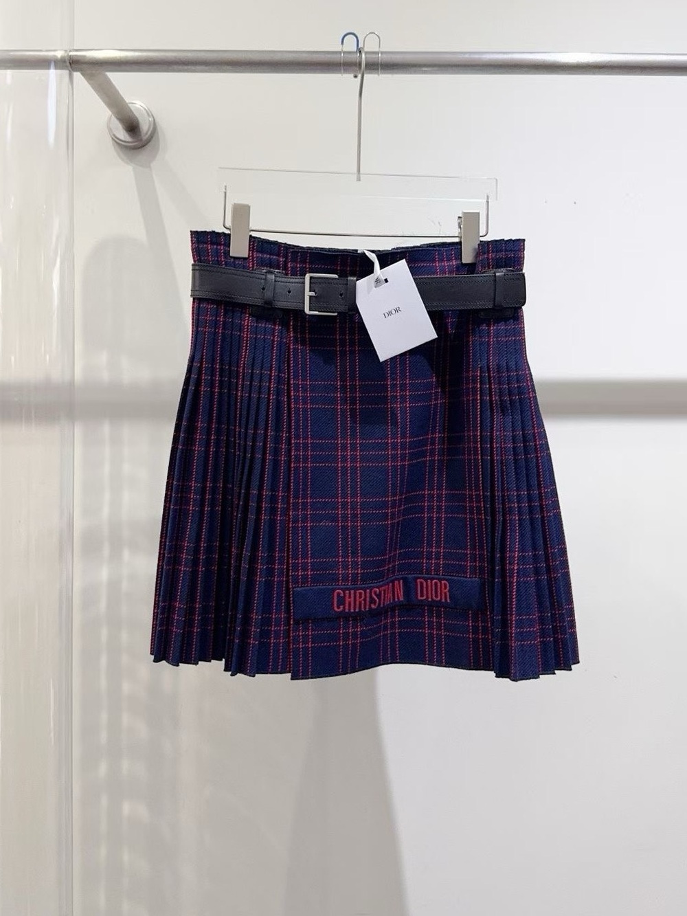 🚩steal Dior Navy Plaid Pleated Mini Skirt with Black Belt